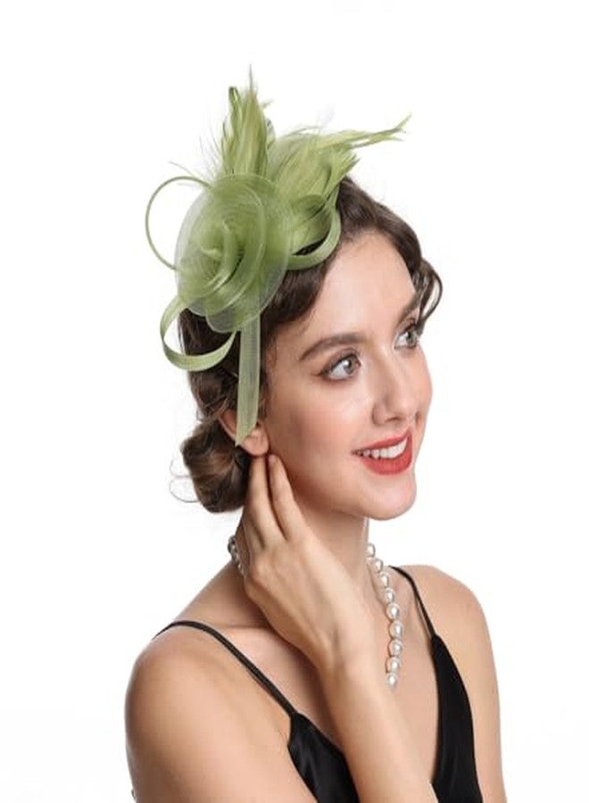 SAFERIN Fascinator for Women Hair Clip Hat Bowler Feather Flower Veil Wedding Party Tea Hat (US, Alpha, Medium, M-Avocado Green) - Image 3